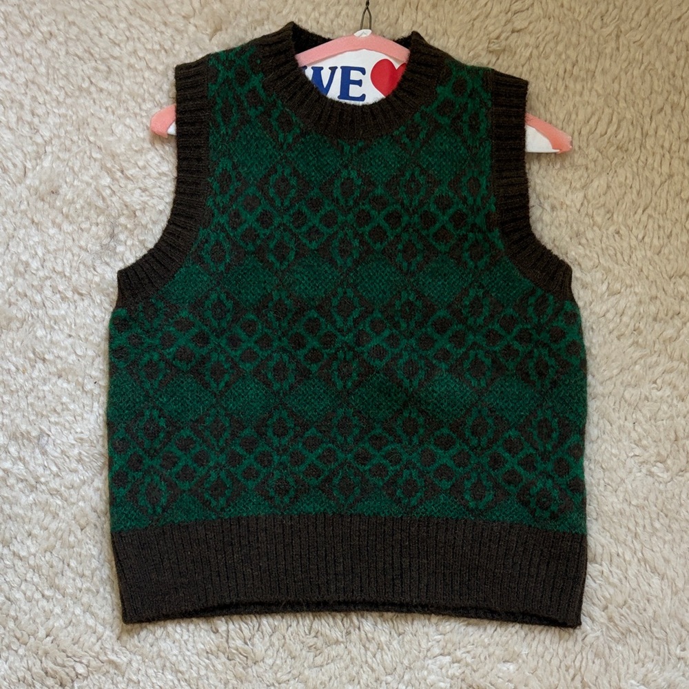 soeur Green and Brown Patterned V-Neck Sweater Vest